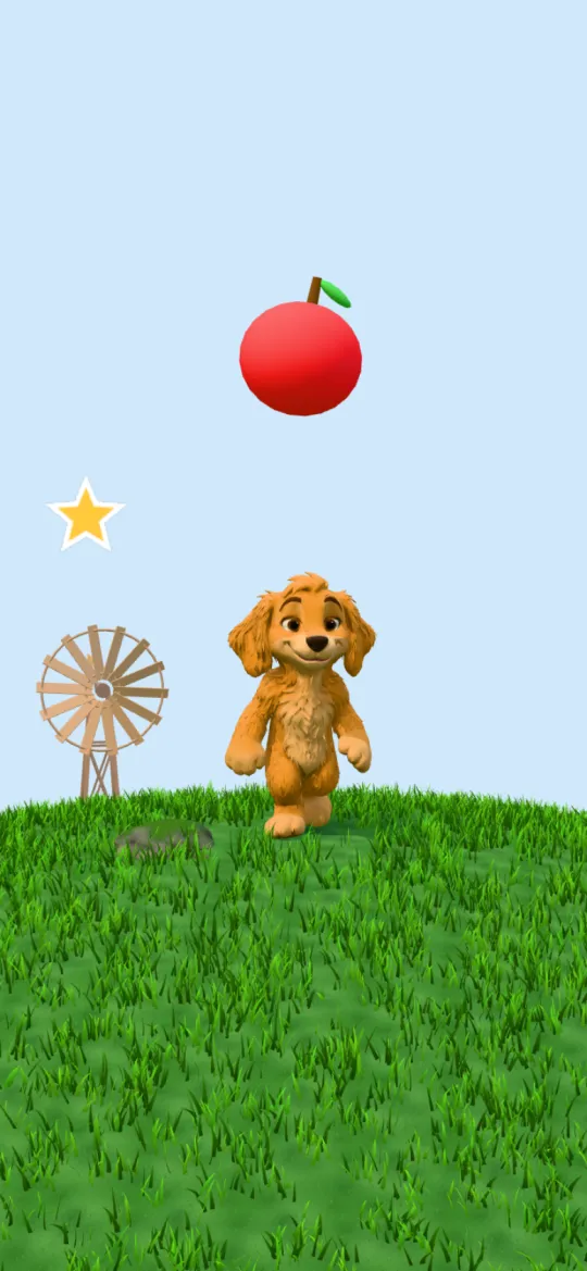 Catch it: an apple falls towards the dog sidekick on a grassy hill.