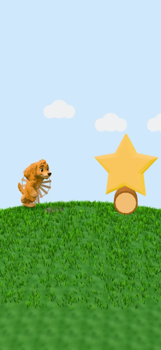 Sidekick Run: the dog runs towards a big star on a log.