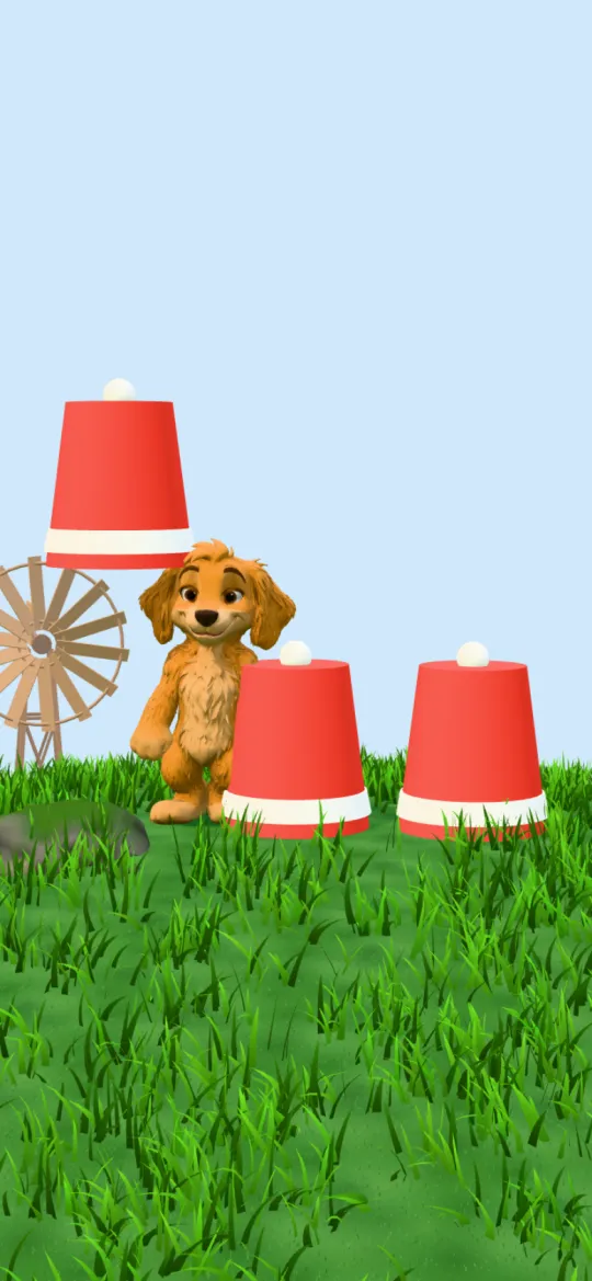 Where's the sidekick: the dog peeks out from under a lifted red cup, next to two more cups.