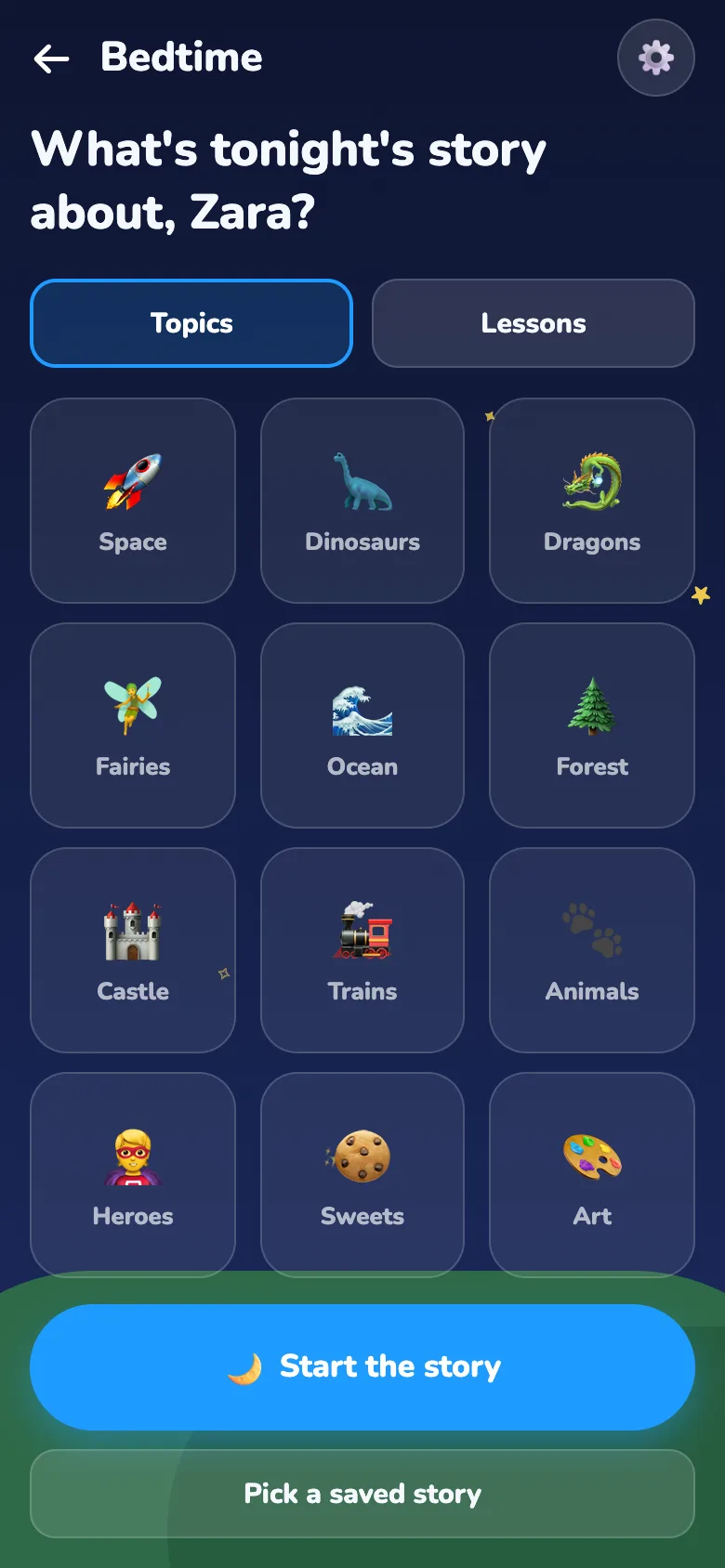 The dark bedtime screen asking: What's tonight's story about? Topic tiles include Space, Dinosaurs, Dragons, Fairies, Ocean, Forest, Castle, Trains, Heroes, Sweets and Art, above Start the story and Pick a saved story buttons.