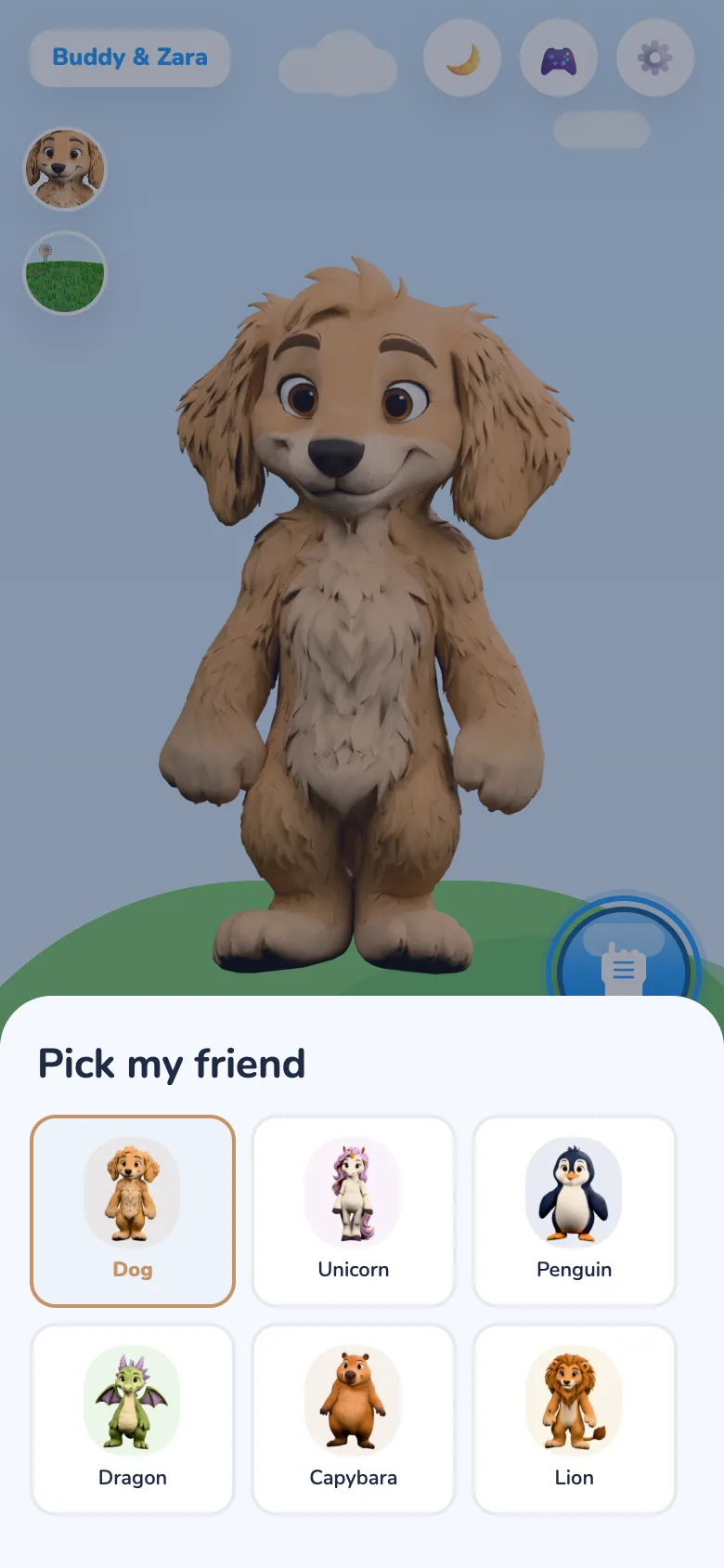 The Pick my friend sheet with six 3D characters to choose from: Dog, Unicorn, Penguin, Dragon, Capybara and Lion.