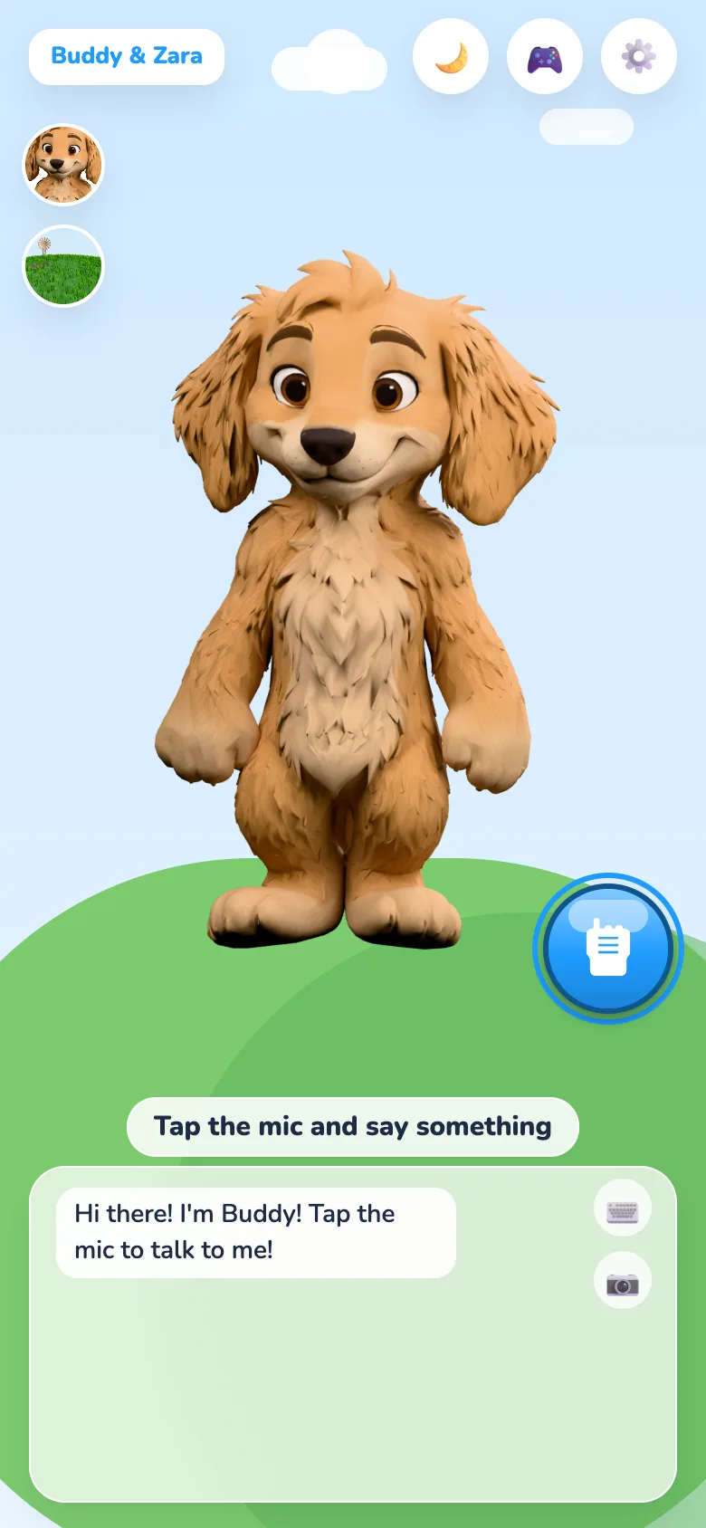 The Sidekick home screen: a 3D dog on a green hill with a big blue microphone button and the greeting: Hi there! I'm Buddy! Tap the mic to talk to me!