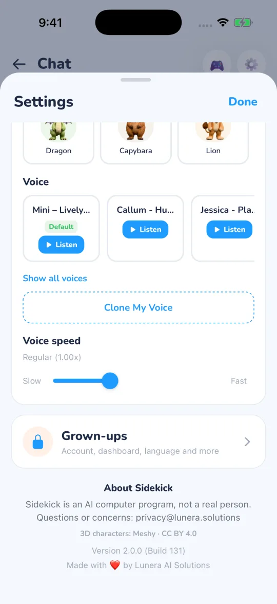 The Settings sheet scrolled down to Voice speed, a locked Grown-ups section for account and dashboard settings, and the About Sidekick footer.